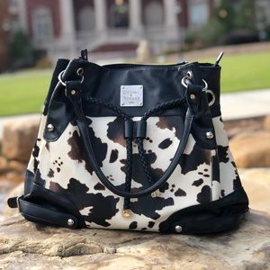 Large leather tote with cow print